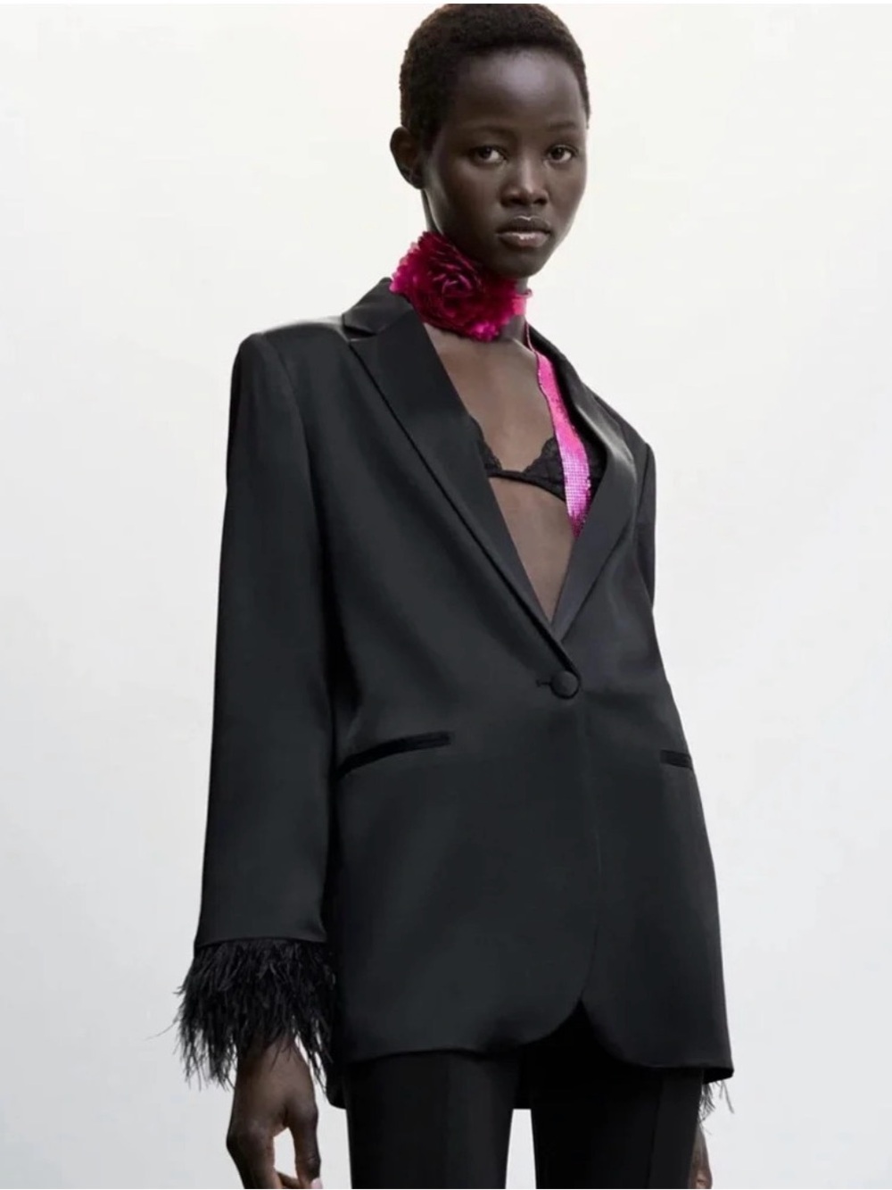 Black Feather-Cuff Single-Button Women's Blazer